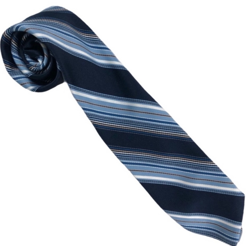 Leonardo VINTAGE imported polyester striped tie in blues, white, & tan, like new
